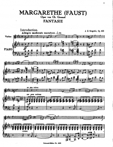 Singelée - Fantaisie sur des motifs de l'opéra 'Faust', op.106 - Score and violin part