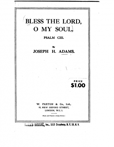 Adams - Bless the Lord, o my Soul - Vocal Score - Score