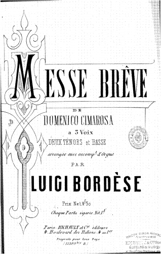 Cimarosa - Messe brève - For 3 Voices and Piano (Bordèse) - Score