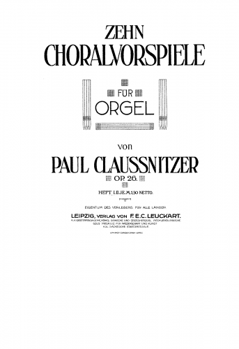 ClauÃnitzer - 10 Choralvorspiele, Op. 26 - Score