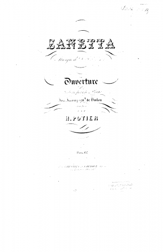 Auber - Zanetta, ou Jouer avec le feu - Overture For Piano solo (Potier) - Score