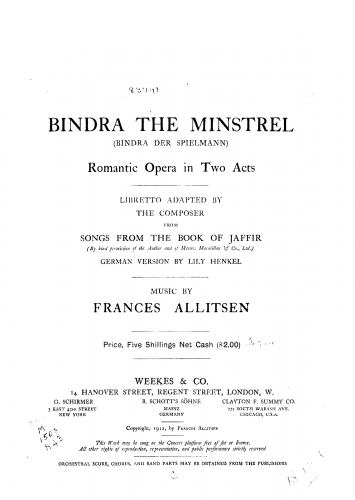 Allitsen - Bindra the Minstrel - Vocal Score - Score