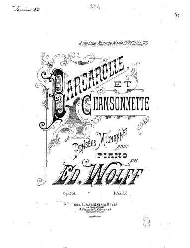 Wolff - Barcarolle et Chansonnette - Piano Score - Score