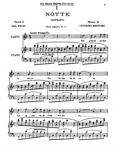 Respighi - 6 Liriche, Series 2 - Individual Transcriptions Notte - Score