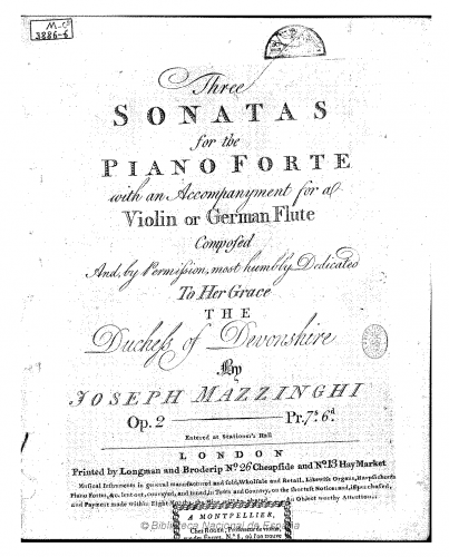 Mazzinghi - 3 Sonatas, Op. 2 - Score
