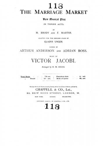 Jacobi - Leányvásár ; The Marriage Market - Vocal Score - Score