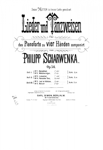 Scharwenka - Lieder und Tanzweisen for Piano 4-Hands, Op. 54 - Score
