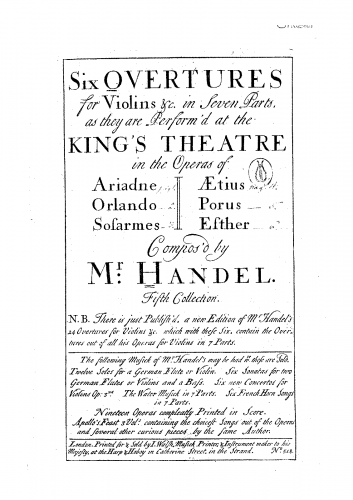 Handel - Overtures - Scores and Parts 6 Overtures, 5th Collection