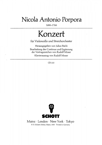 Porpora - Concerto for Cello and Strings - For Cello and Piano (Moser)