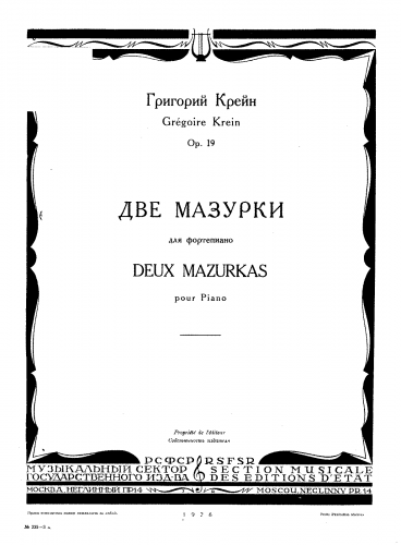 Krein - 2 Mazurkas, Op. 19 - Score