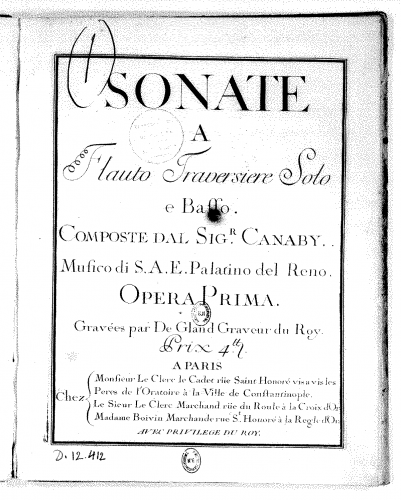 Cannabich - Sonate a Flauto Traversiere Solo e Basso Composte dal Sigr. Canaby Musico di S.A.E. Palatino del Reno. - Scores and Parts - Score
