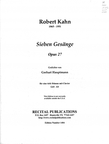 Kahn - Sieben Gesänge - Score