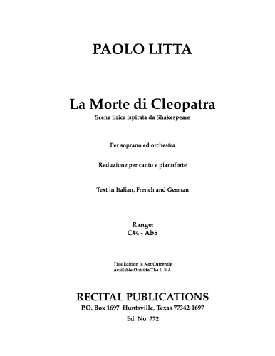 Litta - La Morte di Cleopatra - Vocal Score - Score