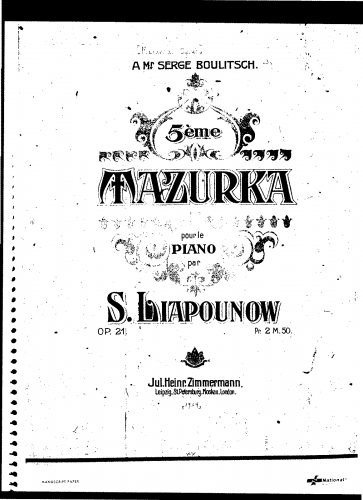Lyapunov - Mazurka No. 5, Op. 21 - Score