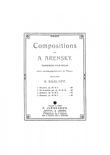 Arensky - 24 Morceaux caractéristiques - Nocturne (No. 3) For Violin and Piano (Dulov) - Piano Score and Violin part