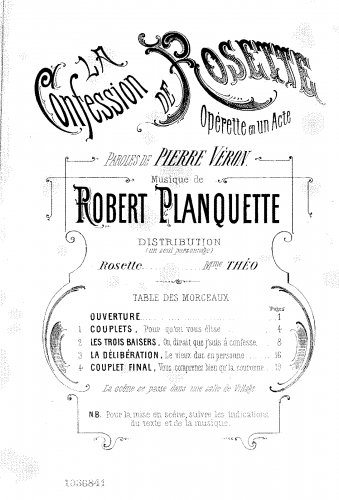 Planquette - La confession de Rosette - Vocal Score - Score