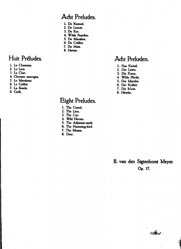 Sigtenhorst Meyer - Eight Preludes, Op. 17 - Score