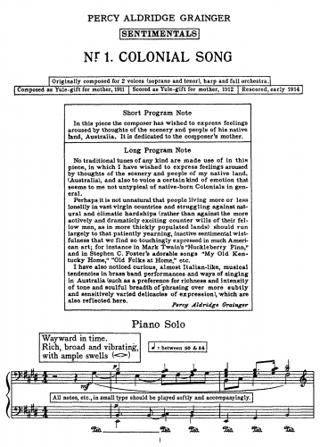 Grainger - Colonial Song - For Piano solo (Grainger) - Score