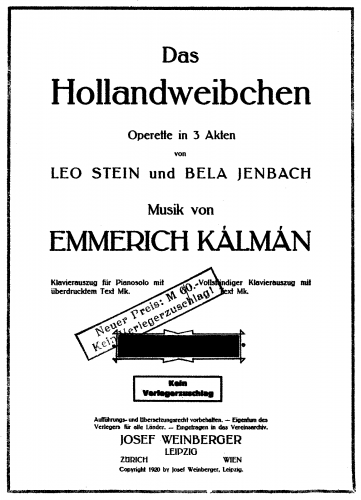 Kálmán - Das Hollandweibchen - For Piano solo (Volk) - Piano score with suprlienar text