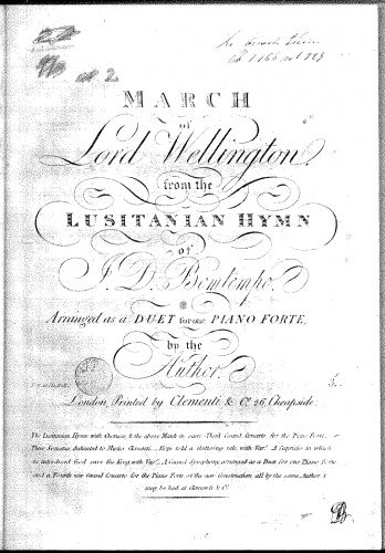 Bomtempo - Hymno lusitano; Lusitanian Hymn - Marcha de Lord Wellington For Piano 4 Hands (Composer) - Score