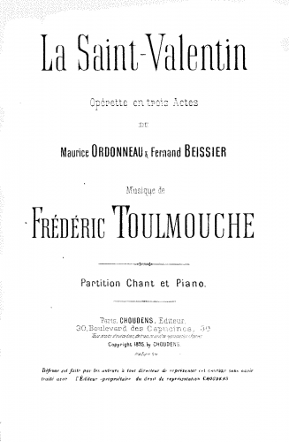 Toulmouche - La Saint-Valentin - Vocal Score - Score