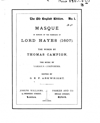 Campion - Masque in Honour of the Marriage of Lord Hayes (1607) - Vocal score