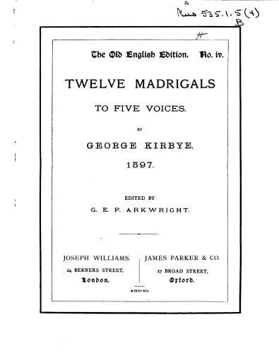 Kirbye - 12 Madrigals to Five Voices - Score