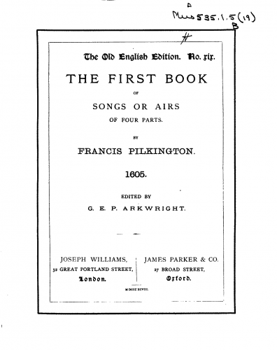 Pilkington - The First Book of Songs Or Airs of Four Parts - Score