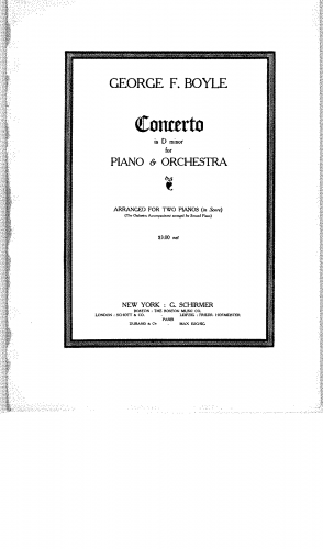 Boyle - Concerto in D minor for Piano & Orchestra - For 2 Pianos (Composer) - Score