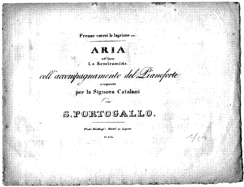 Portugal - La morte di Semiramide - Vocal Score Aria "Frenar vorrei le lagrime" - Score