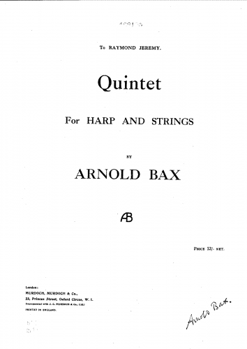 Bax - Quintet for Harp and String Quartet - Score