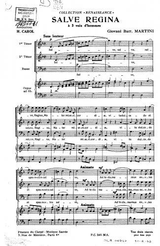 Martini - Salve Regina : a 3 voix d'hommes - Score