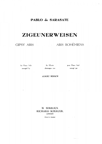 Sarasate - Zigeunerweisen, Op. 20 - For Piano solo (Bensch) - Score