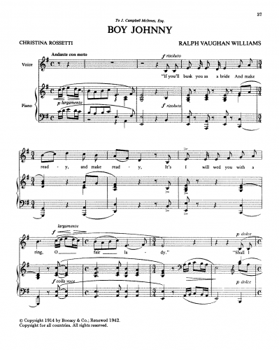 Vaughan Williams - Boy Johnny - Score