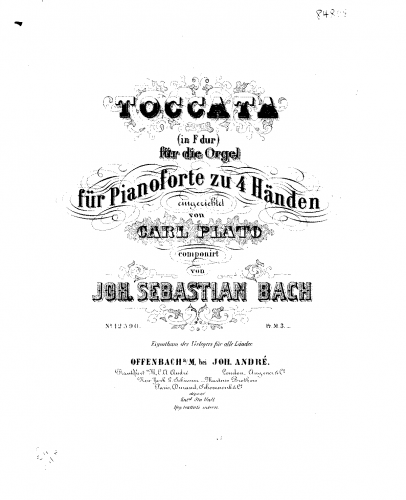 Bach - Toccata and Fugue in F major, BWV 540 - Toccata For Piano 4 Hands (Plato) - Score