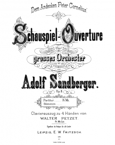 Sandberger - Schauspiel-Ouverture - For Piano 4 Hands (Petzet) - Score