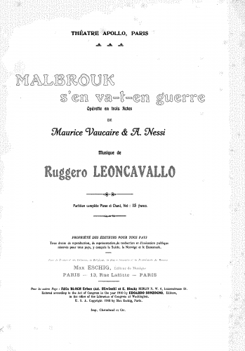 Leoncavallo - Malbruk - Vocal Score - Score