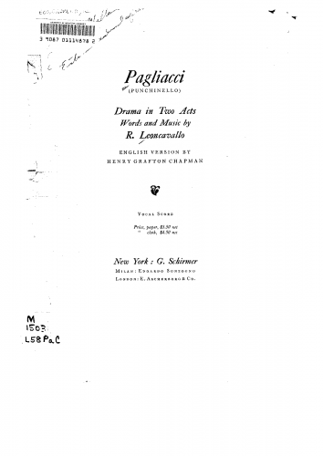 Leoncavallo - Pagliacci - Vocal Score - Score