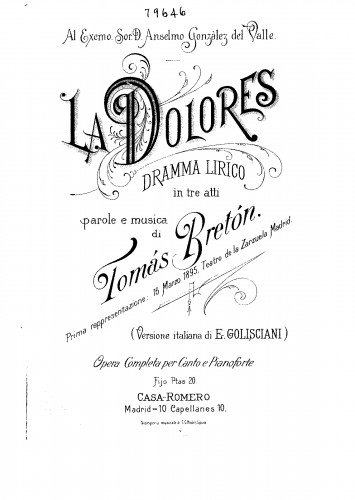 Bretón - La Dolores - Vocal Score - Score