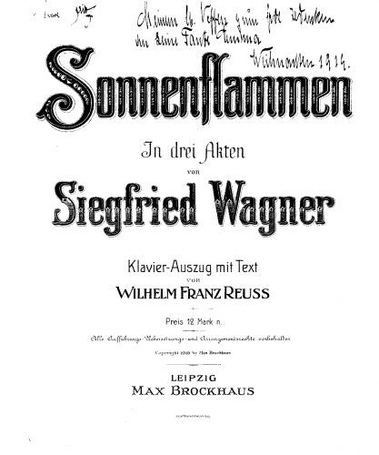Wagner - Sonnenflammen - Vocal Score - Complete Vocal Score