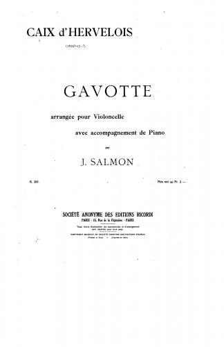 Caix d'Hervelois - Pièces de Viole avec la Basse Continue (Premier & Second Livres) - Gavotte in A minor (Livre I) For Cello and Piano (Salmon)