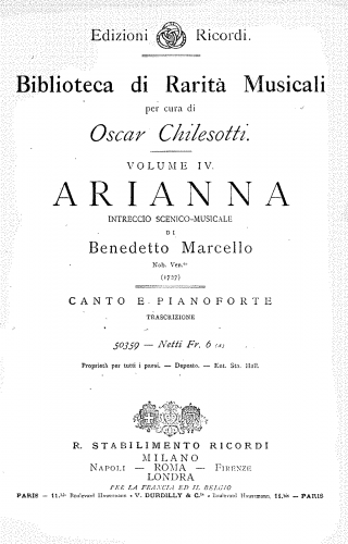 Marcello - Arianna - Vocal Score - Score