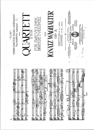 Waghalter - Quartett, D dur, für zwei Violinen, Bratsche u. Violoncell - Scores - Score
