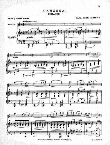 Bohm - 23 Pieces for Violin and Piano - Scores and Parts - No. 1. Canzona (Romanze)