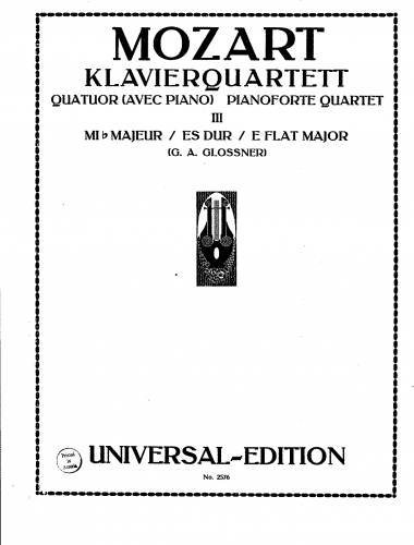 Mozart - Quintet - For Violin, Viola, Cello and Piano (Glossner)