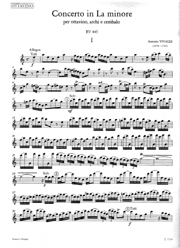 Vivaldi - Concerto for Flautino (Recorder) in A minor - Flute solo - Score