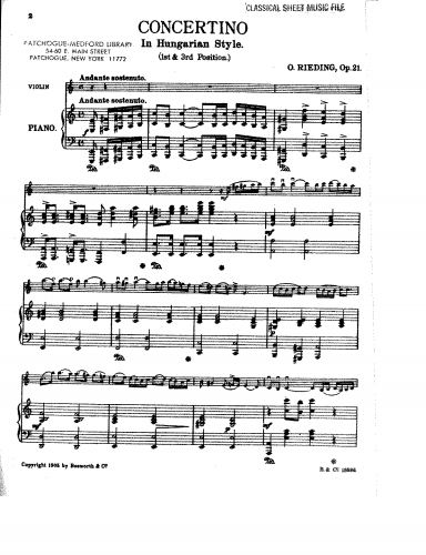Rieding - Violin Concertino in Hungarian Style - For Violin and Piano - Piano Score