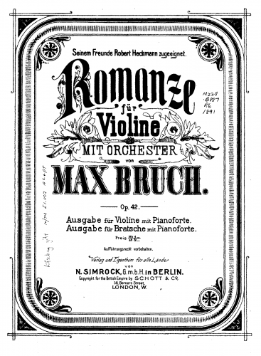 Bruch - Romanze for Violin and Orchestra - For Violin or Viola and Piano (Composer) - Piano Score and Viola part