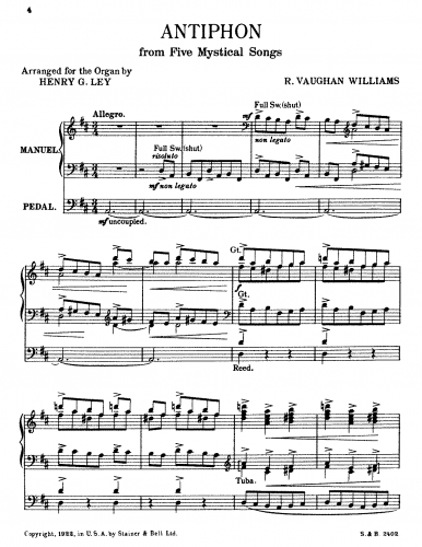 Vaughan Williams - Five Mystical Songs - Antiphon (No. 5) For Organ (Ley) - Score
