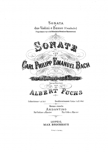 Bach - Trio Sonata in G major, Wq.157 (H 583) - For 2 Violins, Cello ad lib. and Piano (Fuchs) - Piano Score